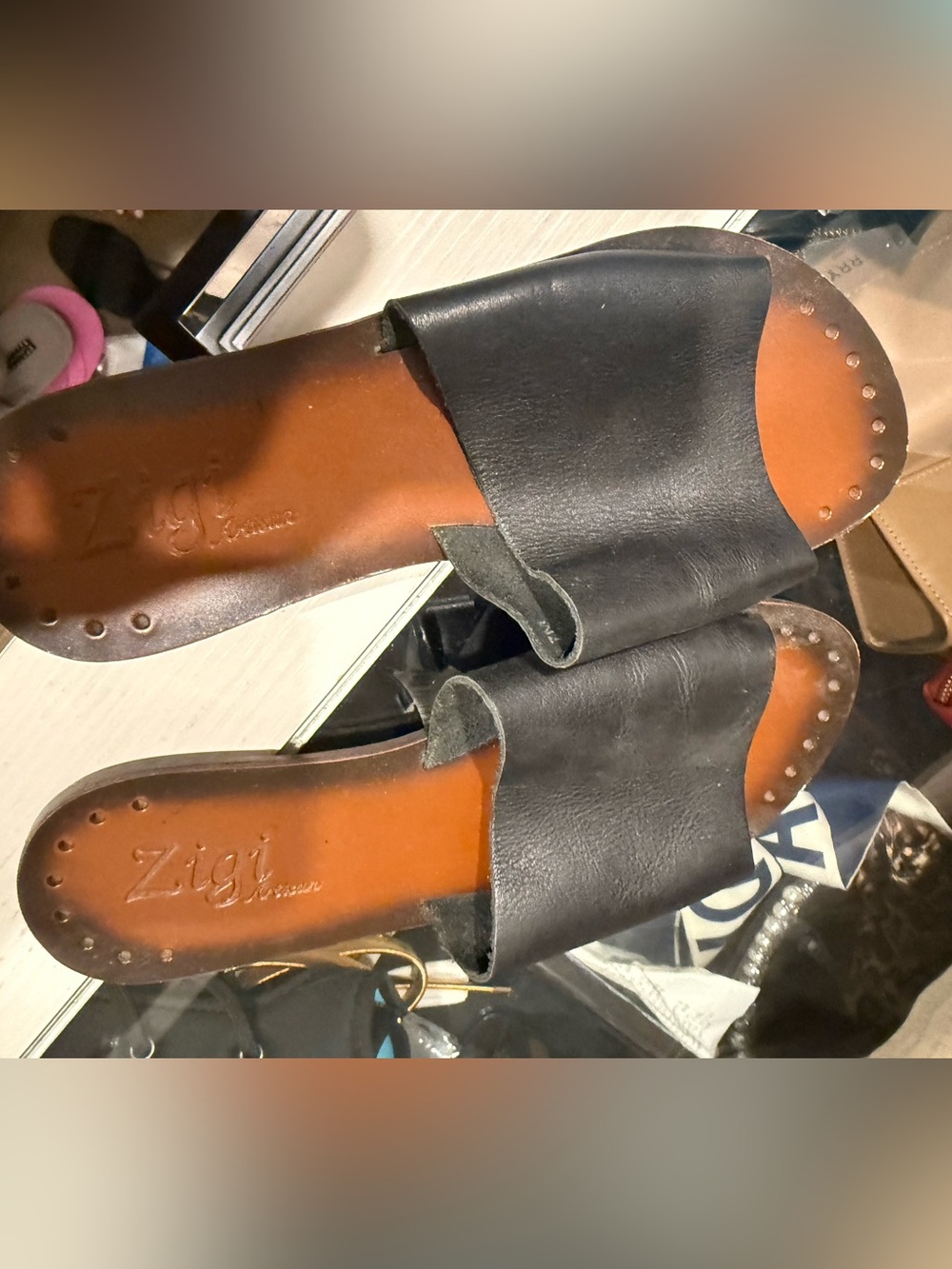 Zigi Soho Black Leather Slide Mules with Tan Footbed